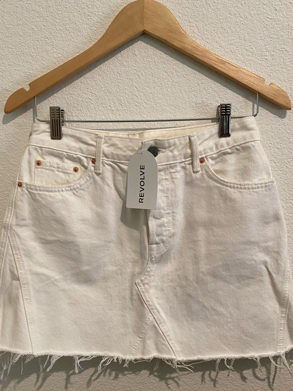 Revolve White Denim Mini Skirt With Copper Rivet Accents